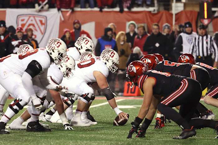 Nov 12, 2022; Salt Lake City, Utah, USA; The Stanford Cardinal offense lines up against the Utah Utes defense in the first quarter at Rice-Eccles Stadium. Mandatory Credit: Rob Gray-USA TODAY Sports